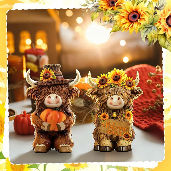 A set of two rustic wooden Highland cow figurines decorated with autumn leaves and pumpkins.