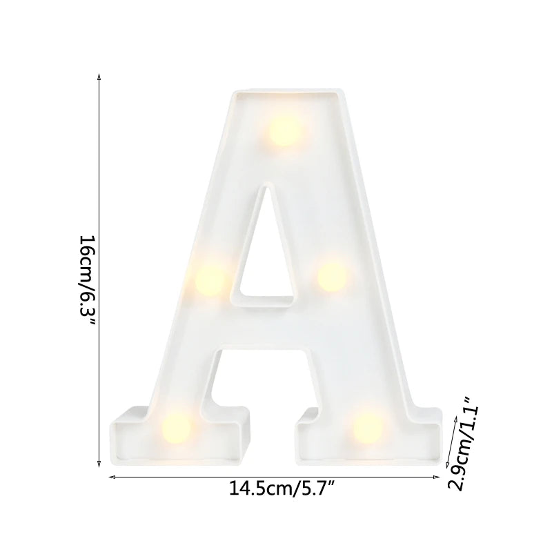 A letter light shaped like the letter A, illuminated with warm white LED lights.