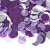 Purple and silver round tissue paper confetti dots scattered across a white background