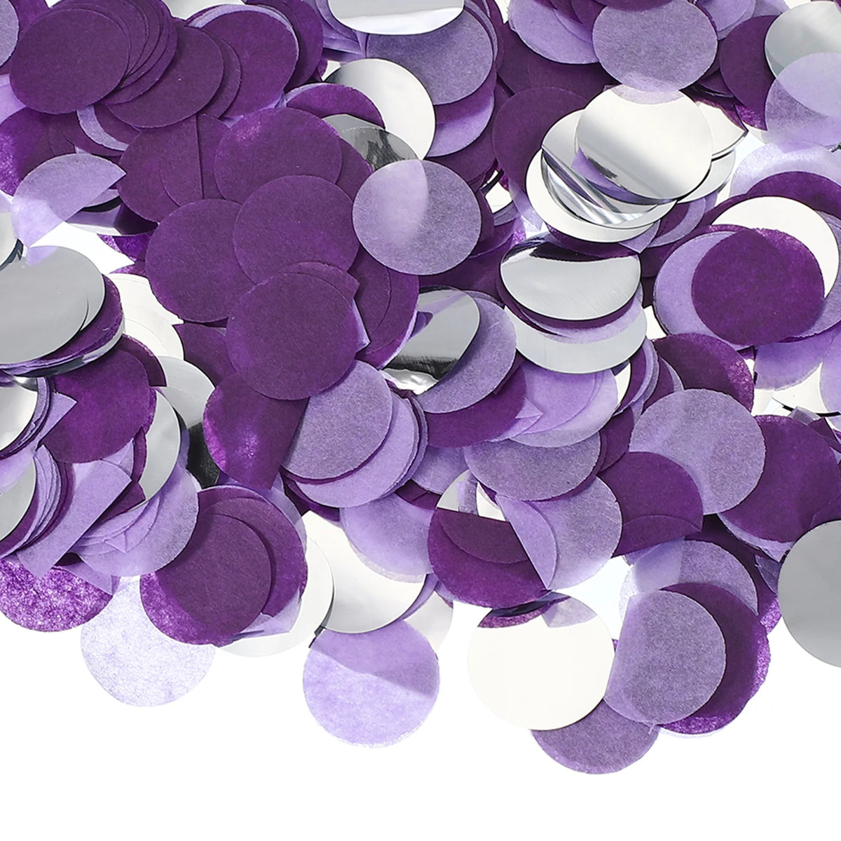 Purple and silver round tissue paper confetti dots scattered across a white background