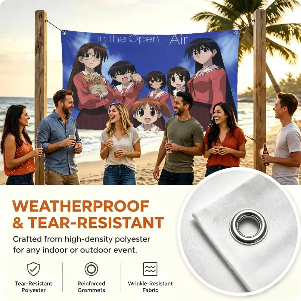 A tapestry featuring characters from Azumanga Daioh in an outdoor setting, displayed on wooden poles.