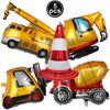 Five gold construction truck foil balloons used for birthday party decoration