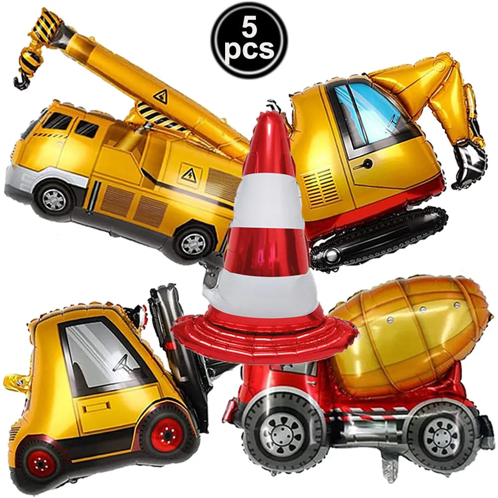 Five gold construction truck foil balloons used for birthday party decoration