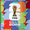 Official sticker collection box for the 2026 FIFA World Cup featuring a golden trophy design.