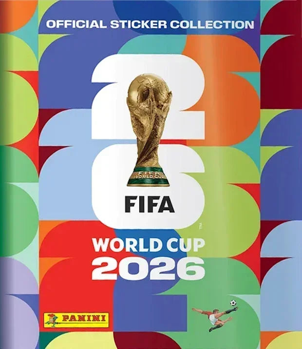 Official sticker collection box for the 2026 FIFA World Cup featuring a golden trophy design.