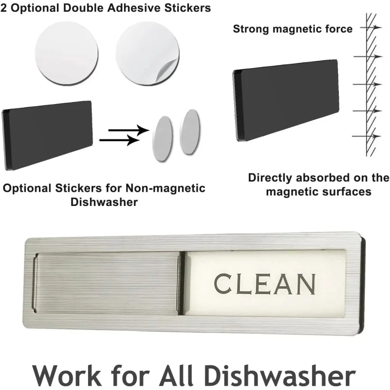 Stainless steel magnetic sign with the word CLEAN for dishwasher use