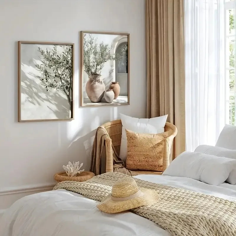 A bedroom setting featuring olive tree botanical canvas wall art, neutral tones, and natural textures.