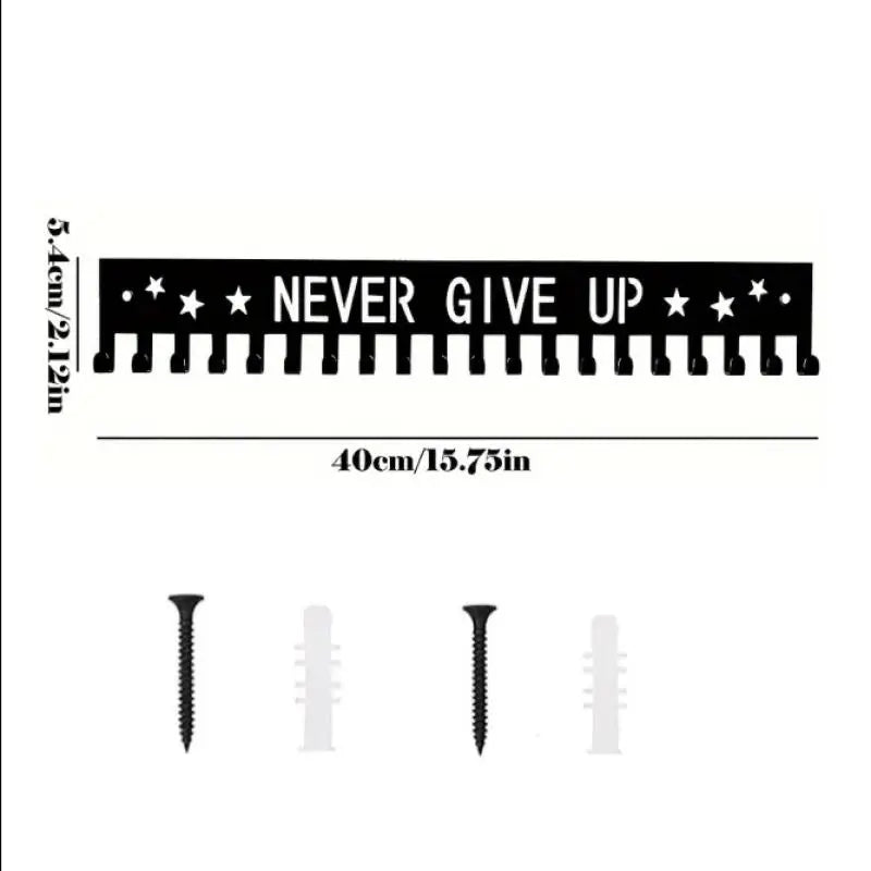 A black wall-mounted metal medal display rack with a 'NEVER GIVE UP' message and various pins.