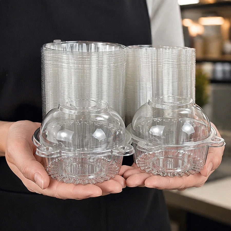 Clear glass cupcake boxes stacked and held by a person