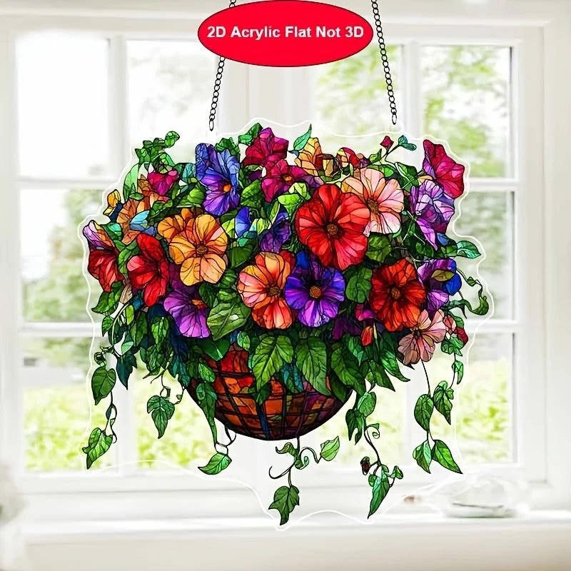 A colorful acrylic floral pendant featuring various flowers and leaves, hanging by a chain.