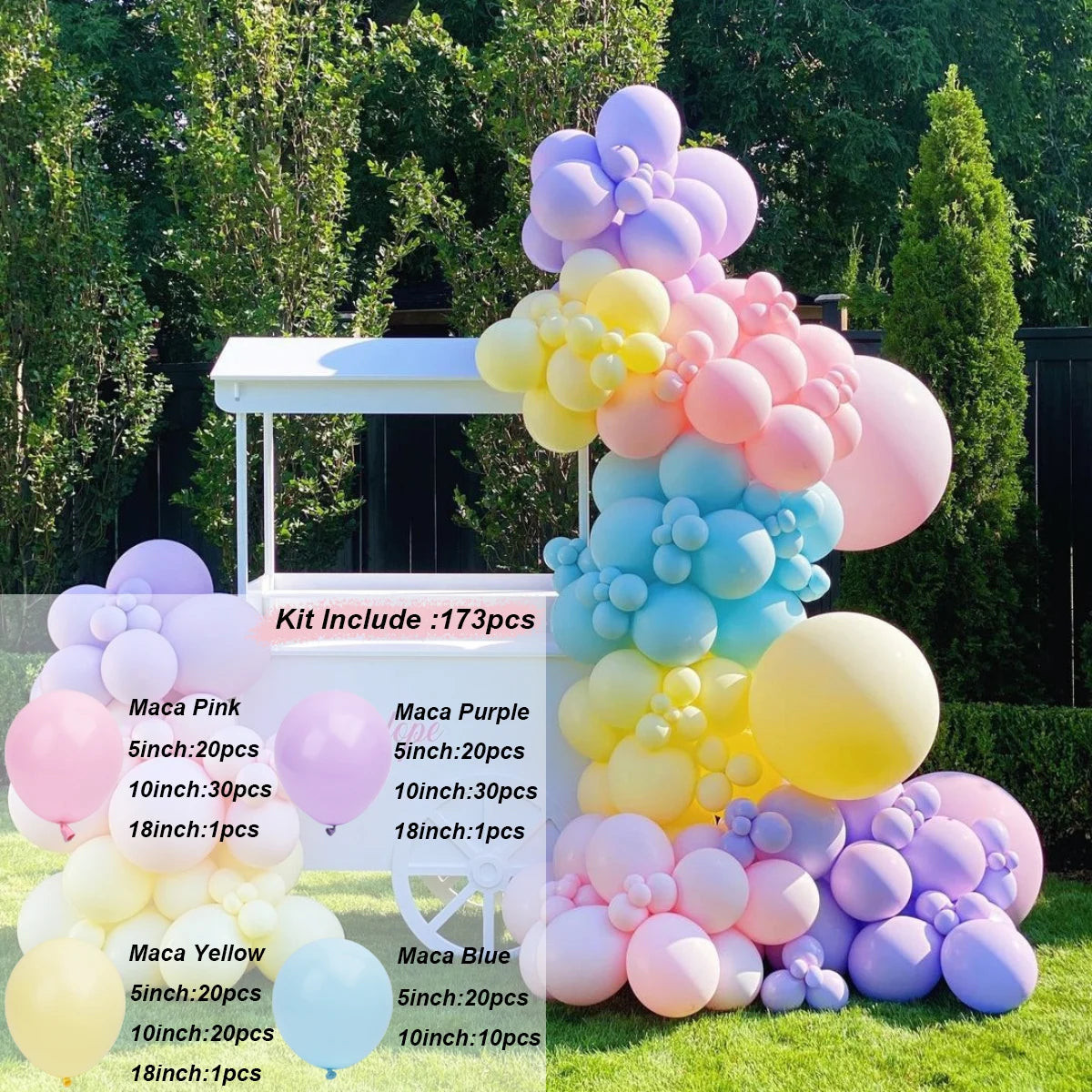 A kit of colorful balloons in pink, purple, yellow, and blue arranged for a balloon garland display.