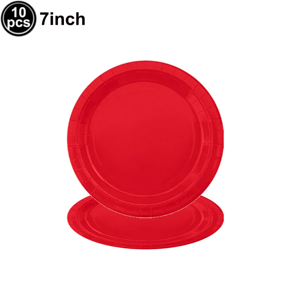 Ten 7-inch red disposable paper plates for parties and events