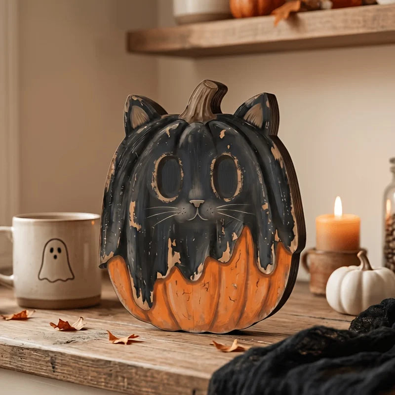A dark gray and orange vintage carved pumpkin decor item sitting on a wooden surface.