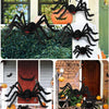 Giant black plush spider Halloween decoration displayed in various outdoor and indoor settings.