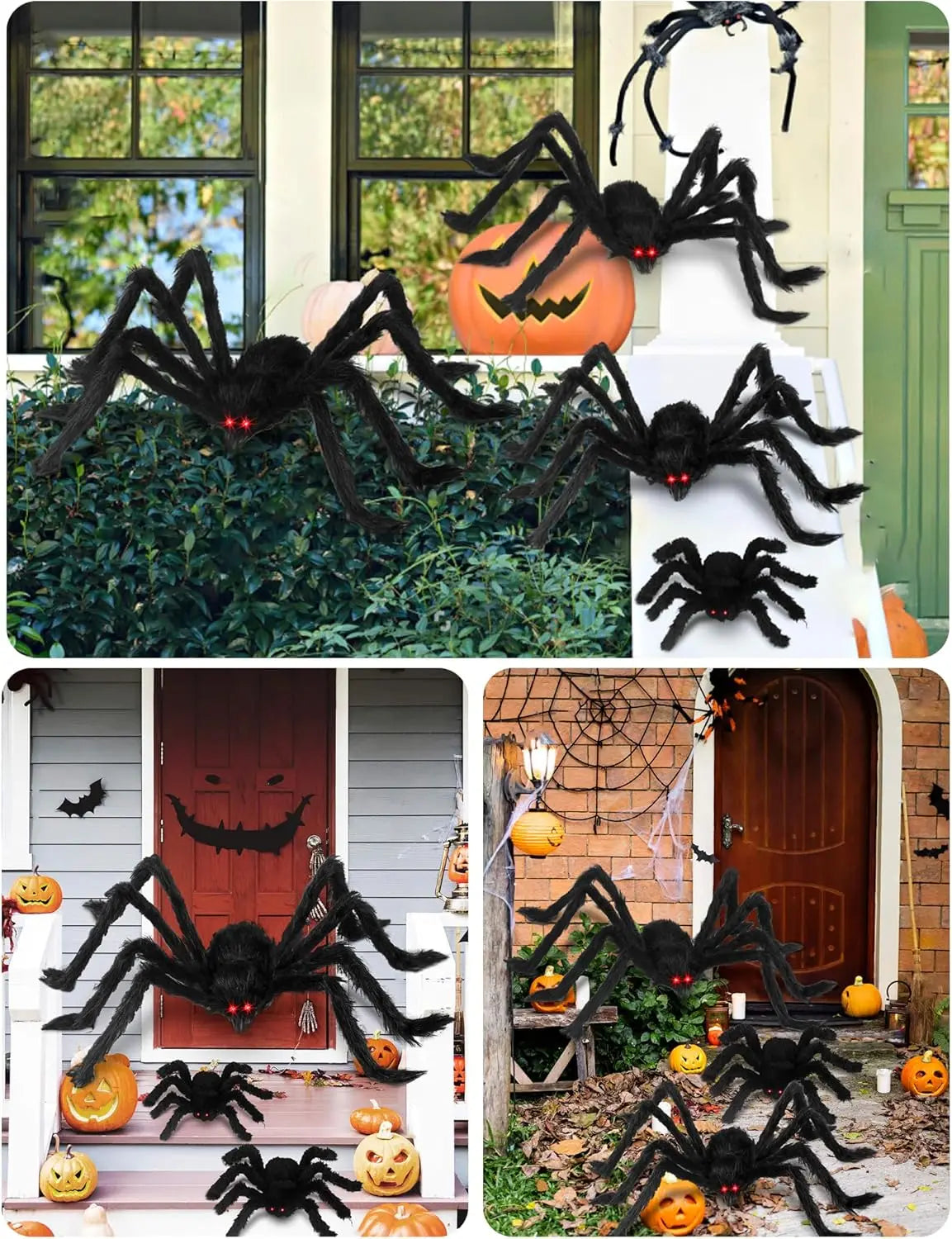 Giant black plush spider Halloween decoration displayed in various outdoor and indoor settings.
