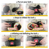 Demonstration of putting on, inflating, and deflating an inflatable lumbar support belt for back pain relief.