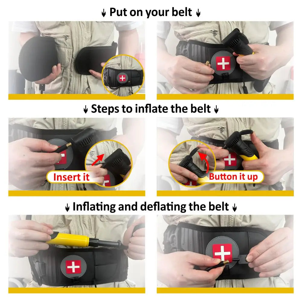 Demonstration of putting on, inflating, and deflating an inflatable lumbar support belt for back pain relief.