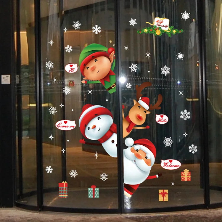 Festive Christmas window stickers featuring a snowman, deer, and Santa Claus in a snowy scene.