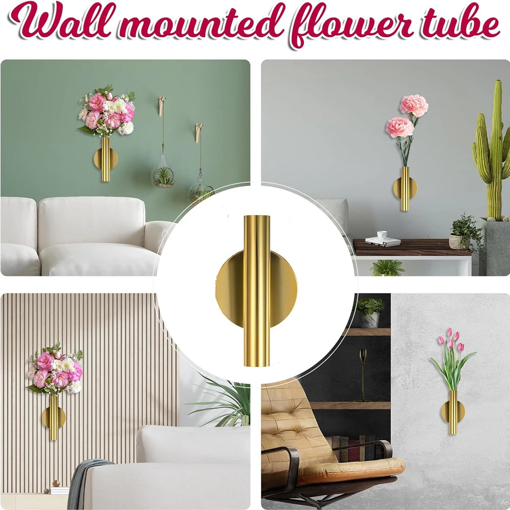 A close-up of a gold wall-mounted flower tube with pink roses, displayed in various interior settings.
