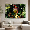 A vibrant tapestry featuring a cartoon chicken character wearing glasses and red feathers, set against a lush green jungle ba