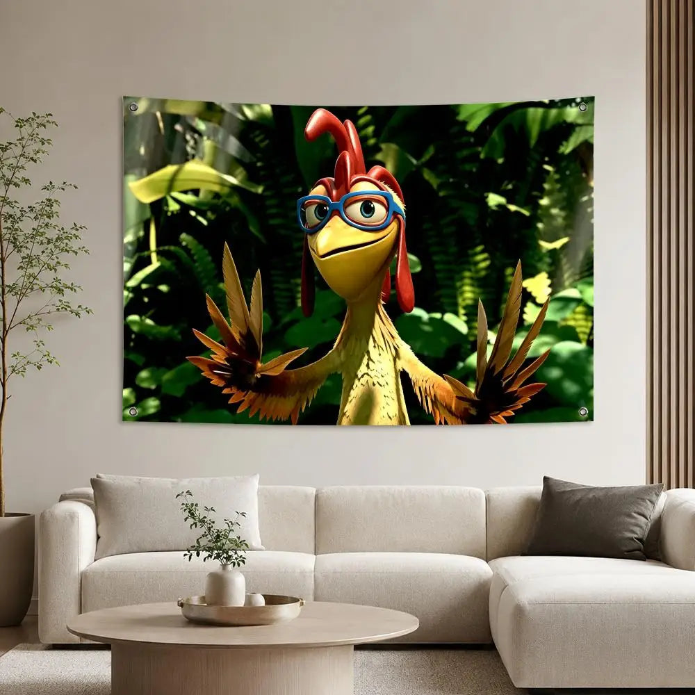A vibrant tapestry featuring a cartoon chicken character wearing glasses and red feathers, set against a lush green jungle ba