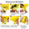 Instructions showing steps to use a 4D balloon, including finding the mark, opening it, pumping air, and sealing it.