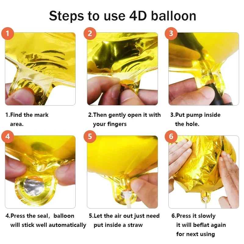 Instructions showing steps to use a 4D balloon, including finding the mark, opening it, pumping air, and sealing it.