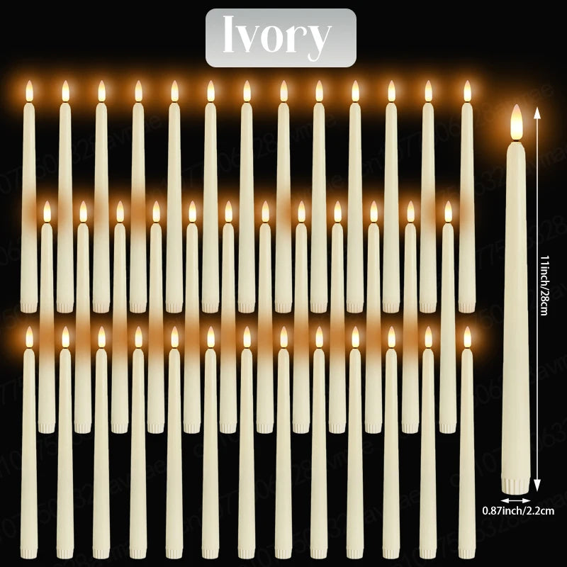 Ivory taper candles arranged in a grid with flickering flame effects.