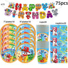 A colorful banner featuring various character figures and cups for a birthday party decoration set