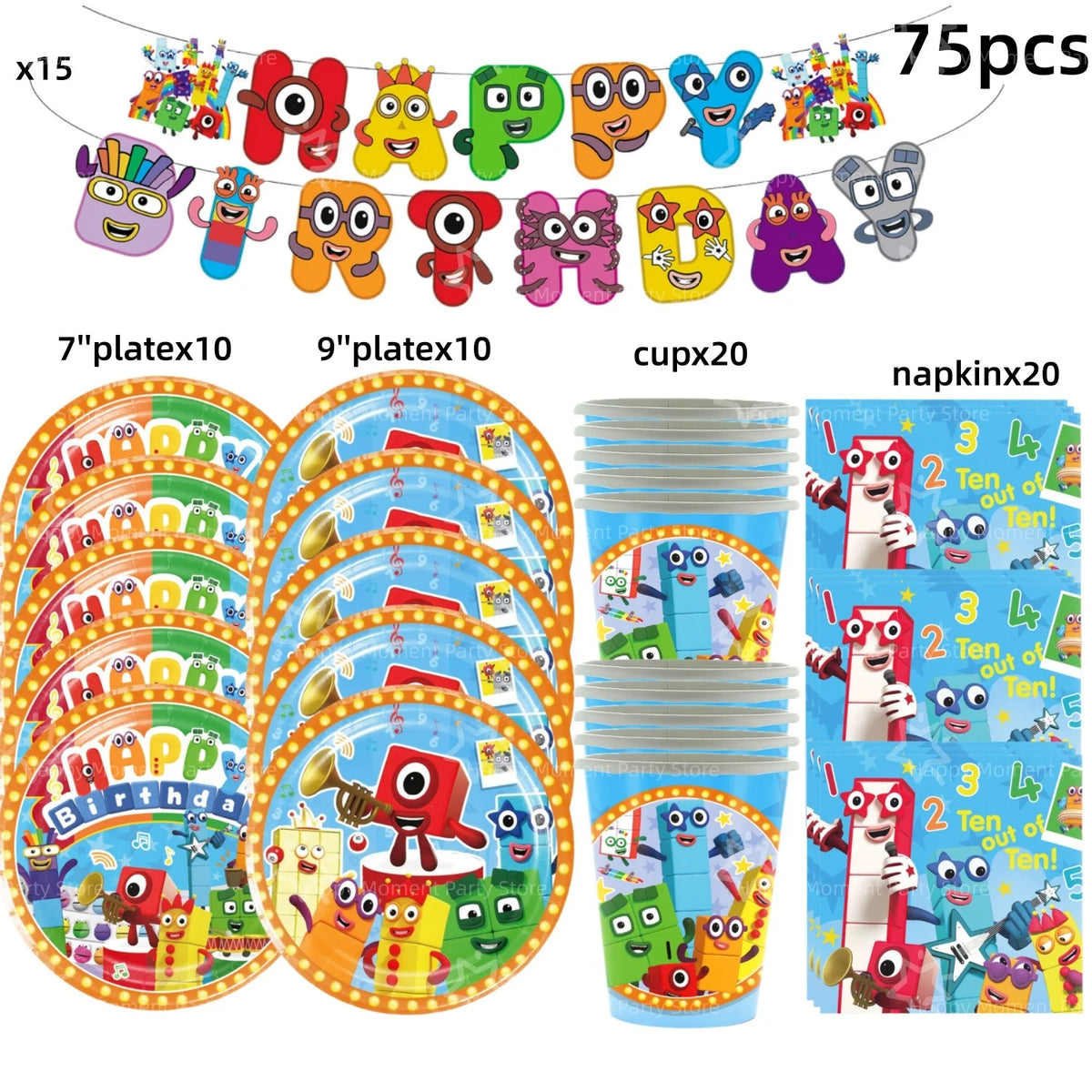 A colorful banner featuring various character figures and cups for a birthday party decoration set