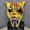 A yellow tiger horror latex mask with red blood splatters and black markings, displayed on a black bust.