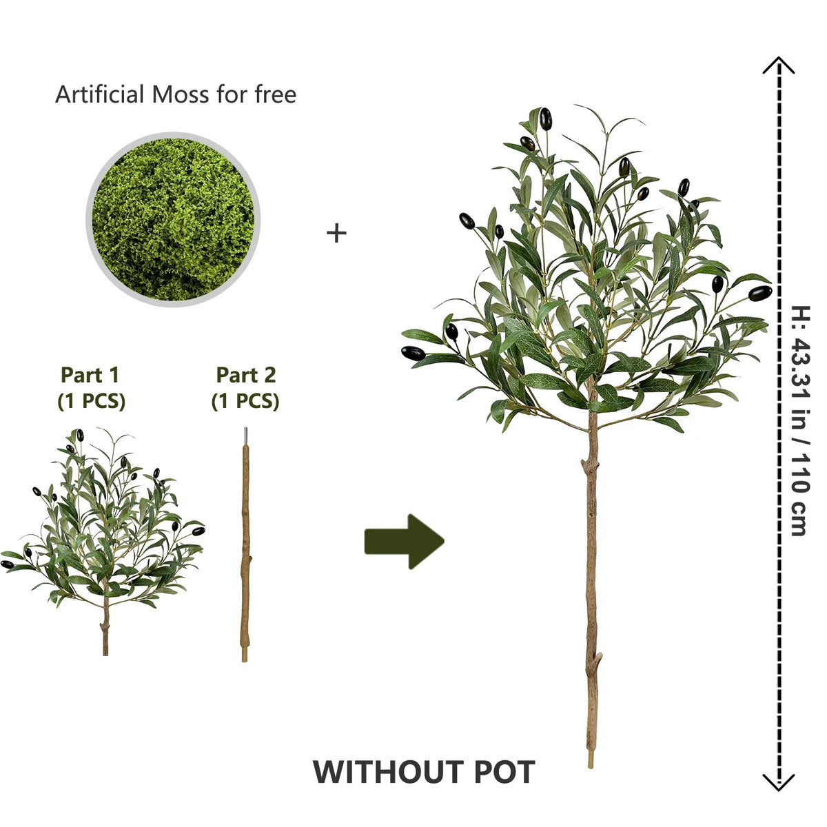 Artificial moss tree branches shown as a plant without a pot, with separate parts for leaves and stem.