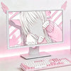 A pink and white anime-style illustration of a female character with long hair, displayed on a monitor with decorative wing a