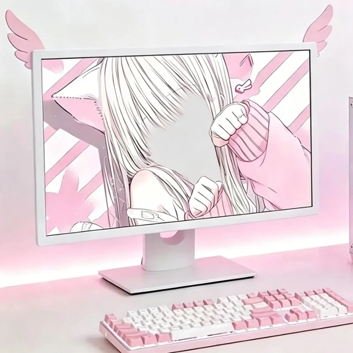 A pink and white anime-style illustration of a female character with long hair, displayed on a monitor with decorative wing a