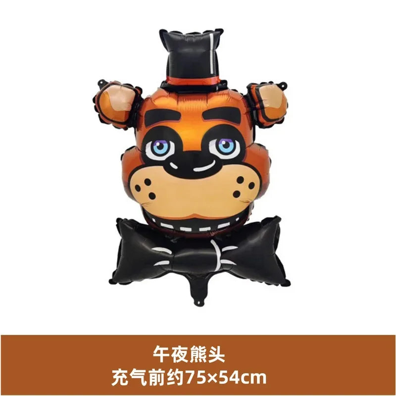 An orange and black foil balloon shaped like a bear's head for themed parties
