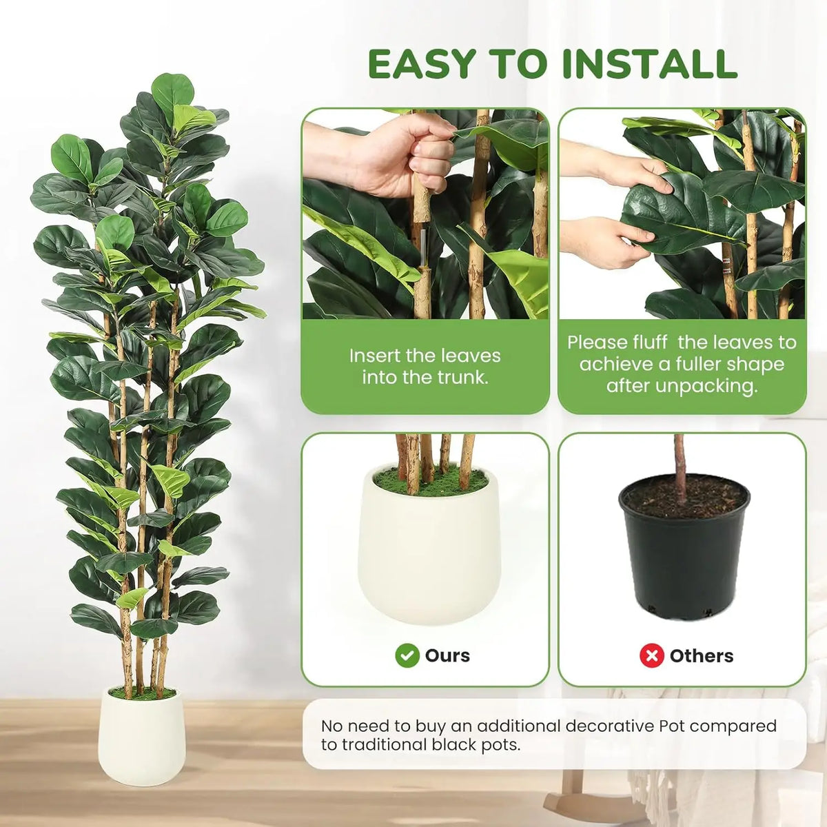 Artificial Fiddle Leaf Fig tree in a white pot with instructions for easy installation
