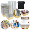 A set of 50 reusable aluminum foil baking cups with lids and spoons, including stacking cups and individual serving container
