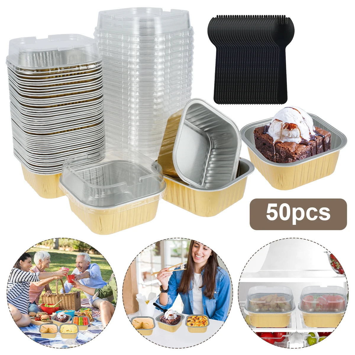 A set of 50 reusable aluminum foil baking cups with lids and spoons, including stacking cups and individual serving container