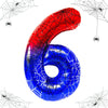 A large, shiny red and blue foil balloon shaped like the number 6, surrounded by spider web graphics.