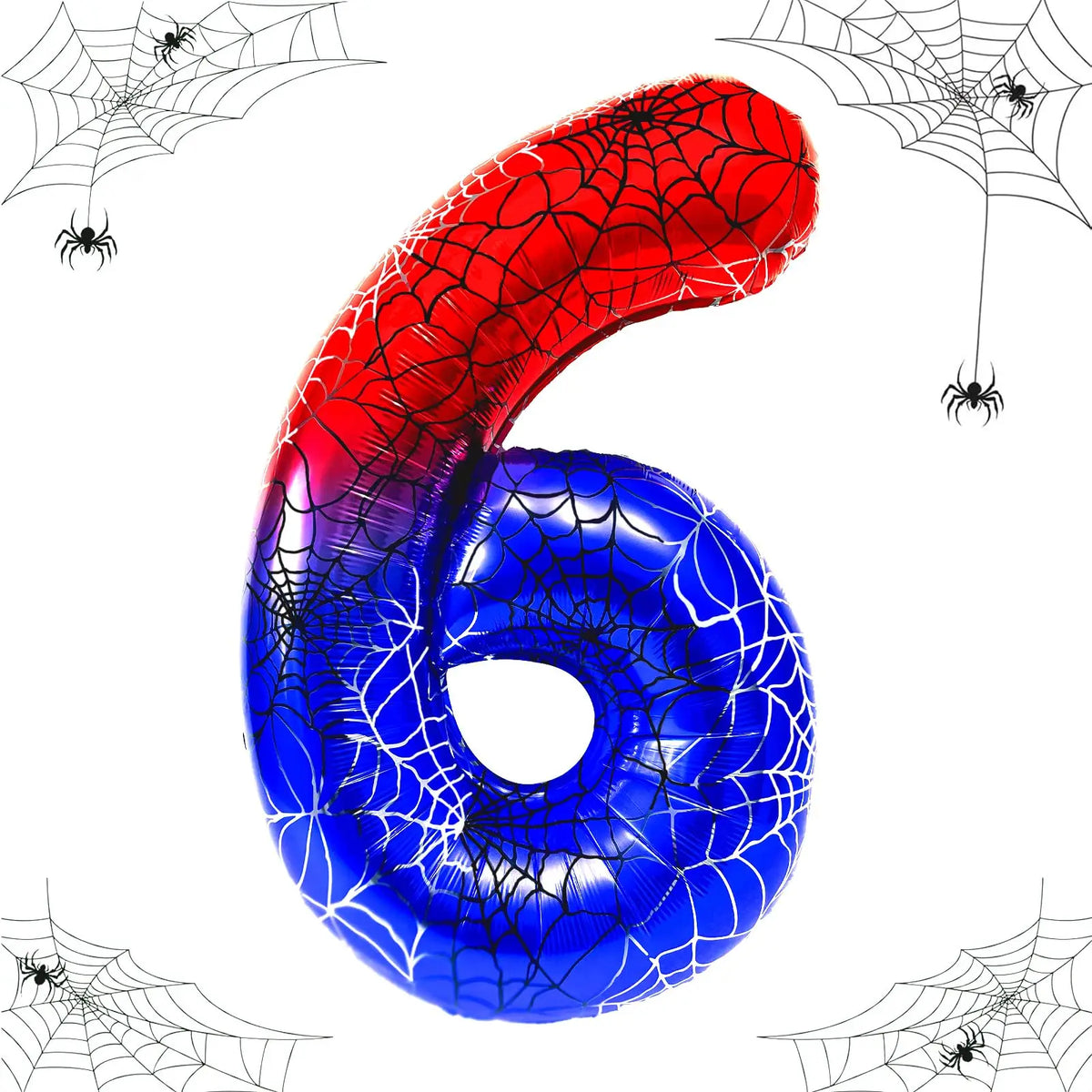 A large, shiny red and blue foil balloon shaped like the number 6, surrounded by spider web graphics.