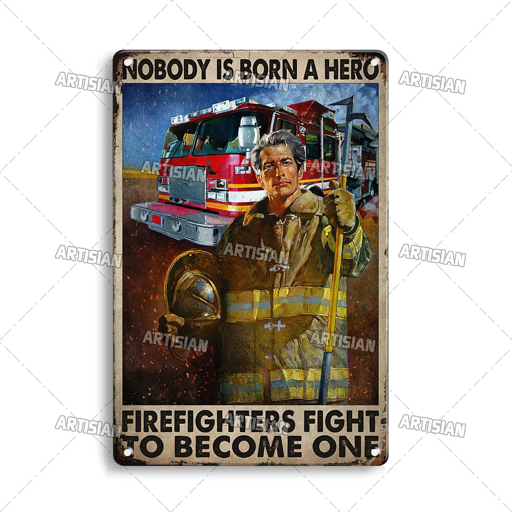Vintage metal sign featuring a firefighter in uniform standing in front of a fire truck.