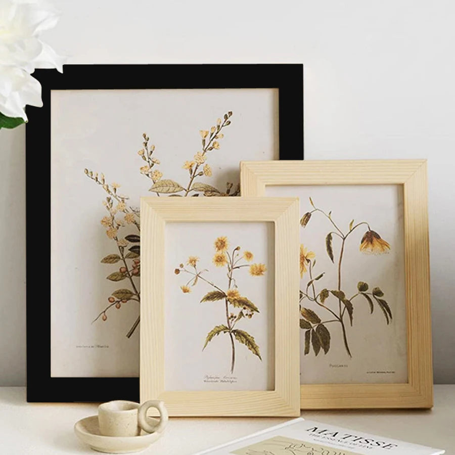 A natural wood picture frame with plexiglass displaying dried botanical elements on a white background.