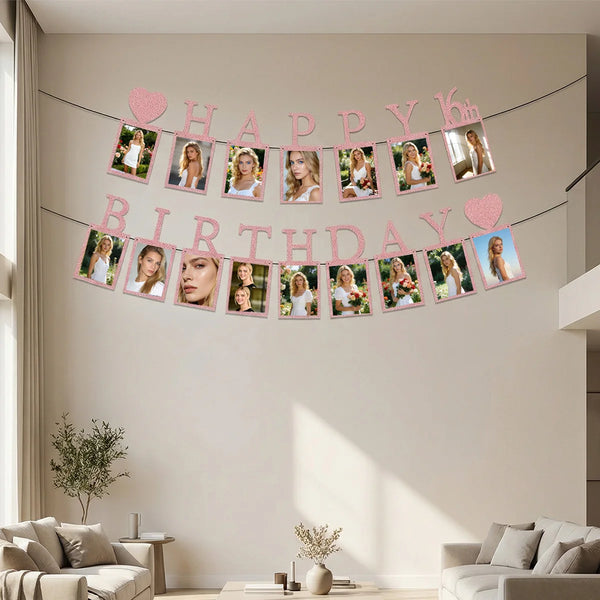 A pink and gold photo banner featuring sixteen card frames arranged in a heart shape for a sweet sixteen celebration.