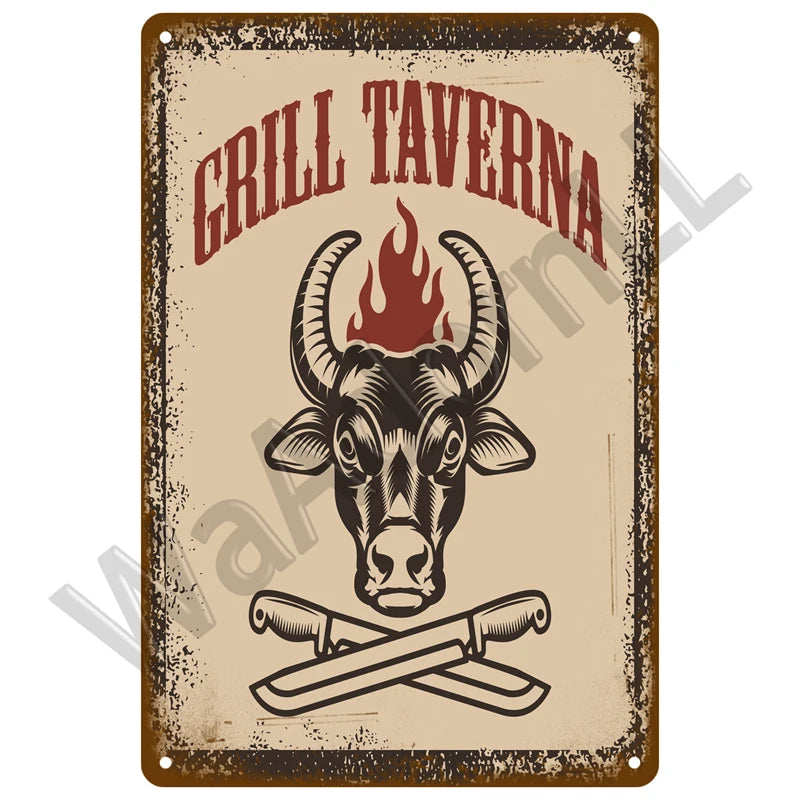 A vintage-style metal sign featuring a bull's head and crossed tools, with the words GRILL TAVERNA above it.