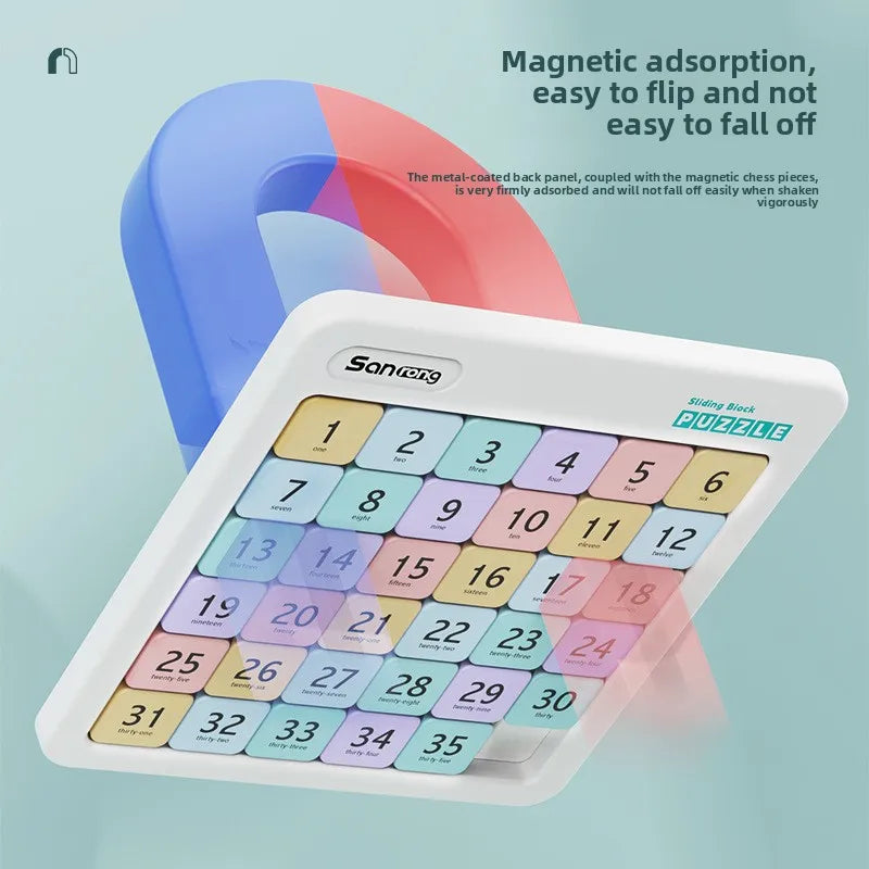 A white magnetic sliding block puzzle with numbered tiles, shown against a light blue background.