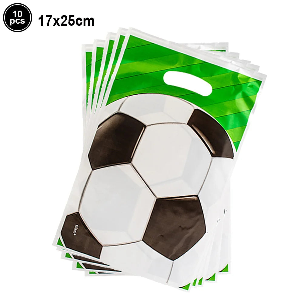A set of ten soccer ball cake toppers in green packaging featuring a white and black soccer ball design.