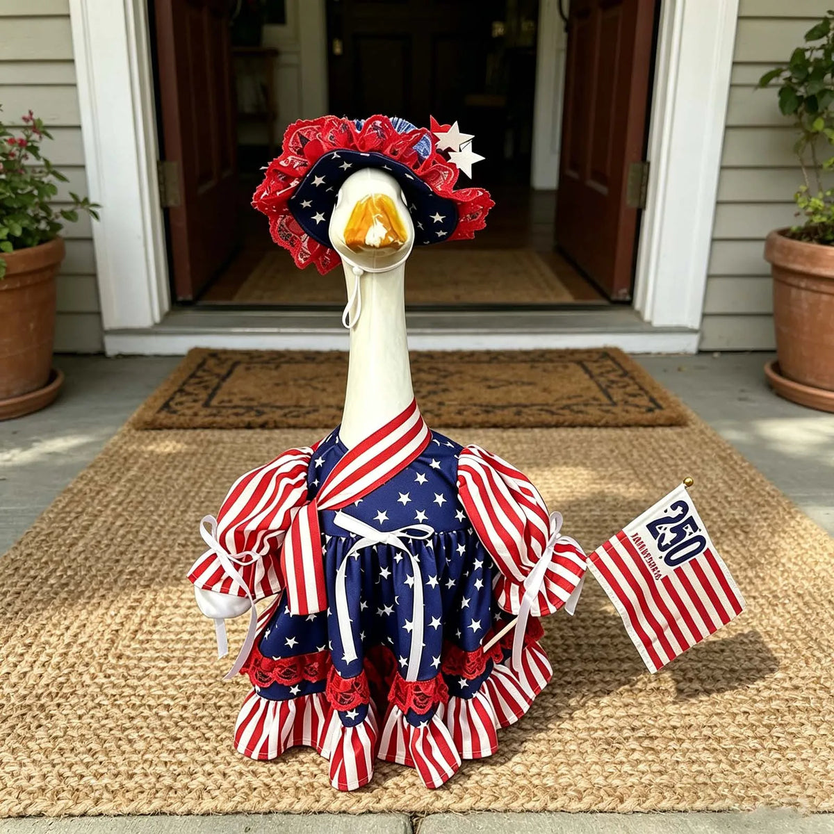 A decorative goose costume featuring a red, white, and blue patriotic outfit with stars and stripes.