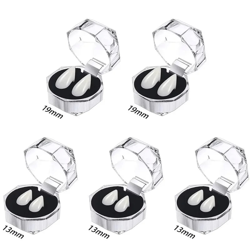 A set of realistic vampire fangs with adjustable fit shown in various angles and sizes.