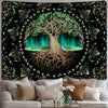 A dark tapestry featuring a large tree silhouette with glowing green foliage and golden roots against a black background.