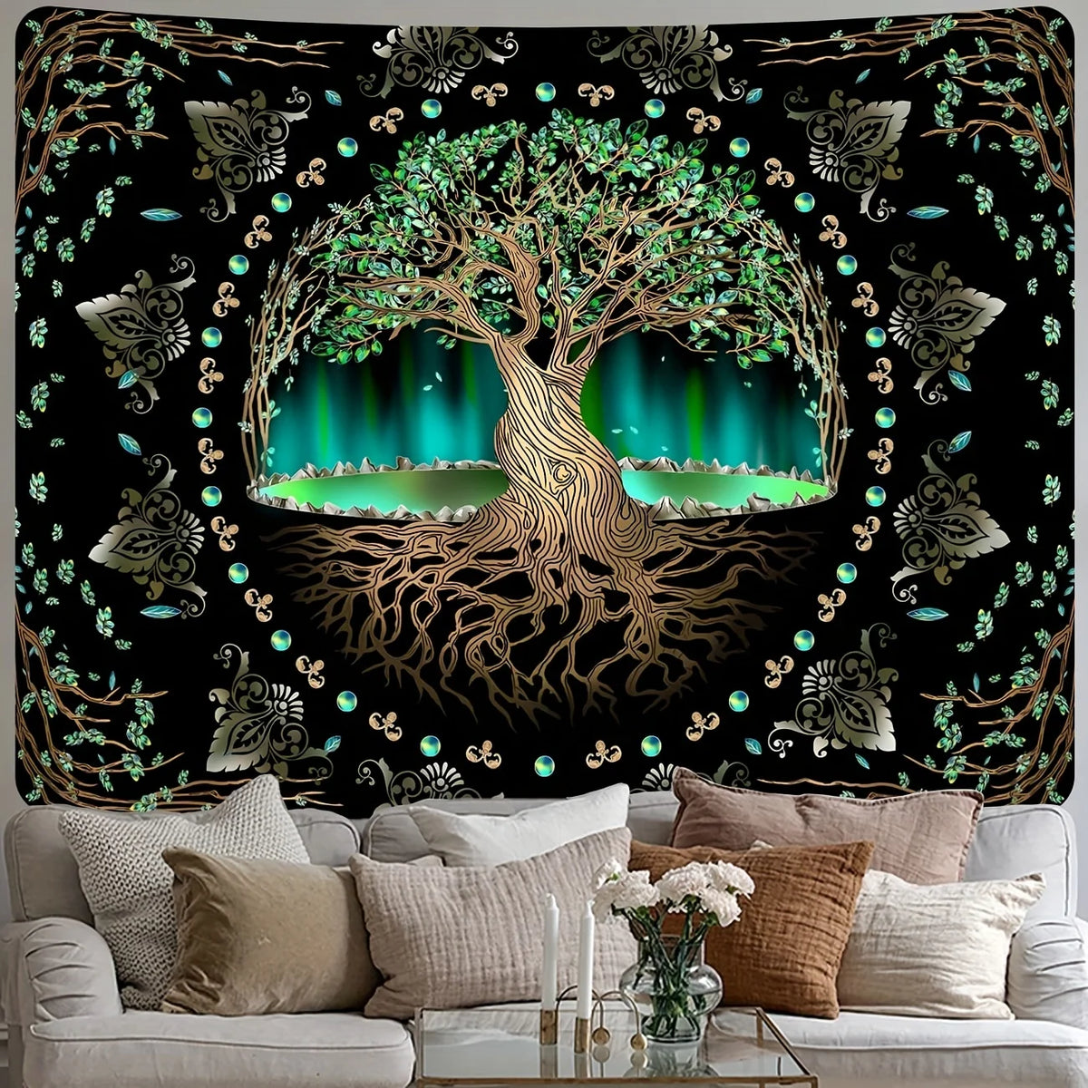 A dark tapestry featuring a large tree silhouette with glowing green foliage and golden roots against a black background.